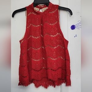 Love Fire Womens Red Lace Neck Sleeveless Blouse Top Holiday Top Size Medium